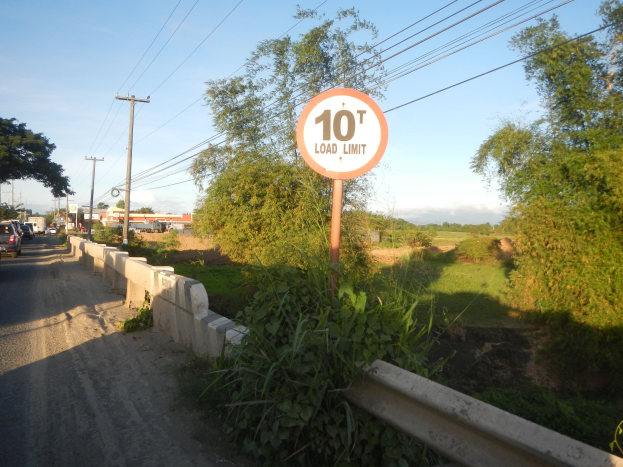 Straße mit Fahrzeugen, ein "10t-Ladungsbegrenzung"-Schild, eine Wand, Pflanzen, Gras, Bäume, Strommasten mit Drähten, Gebäude im Hintergrund und einen klaren blauen Himmel.