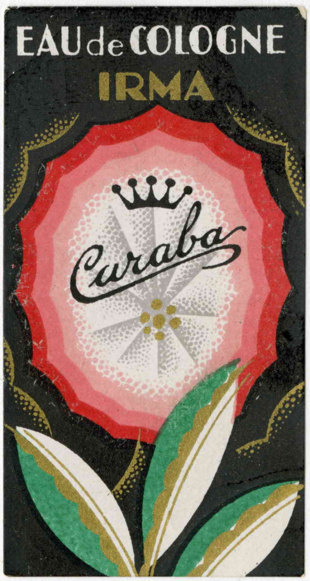 Ein Plakat mit einer zentralen Blume umgeben von Blättern und dem Text 'Eau de Cologne Irma Caraba'.
