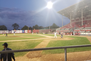 Baseball-Spiel in einem Stadion mit Zuschauern auf den Tribünen, Geländer im Vordergrund, Bäume, Pfosten, Lichter, Werbetafeln und einem klaren blauen Himmel im Hintergrund.