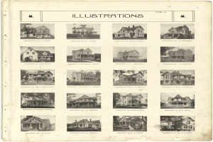 Ein altes Buch mit einer Reihe einzigartig gestalteter und farbiger Häuser mit beschreibendem Text.
