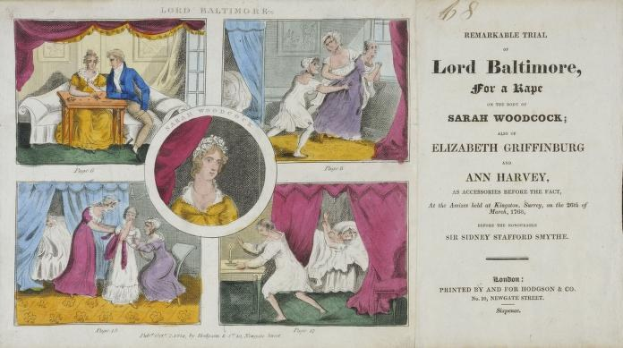 Eine historische Illustration eines Gerichtsprozesses mit einem Blatt Papier mit Porträts, Vorhängen und Text.