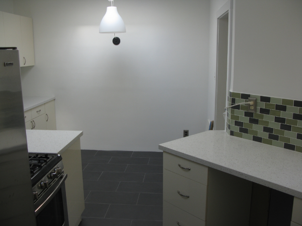 Eine Kücheninnenansicht mit Schränken, einem Ofen, einem Gasherd, einem Kühlschrank und einer Leuchte.