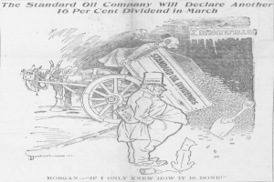 Eine Zeitung mit einer Karikatur eines Mannes neben einem von einem Pferd gezogenen Wagen mit einem Rad in der Mitte und der Text "The Standard Oil Company Will Declare Another 16 Per Cent Dividend in March".