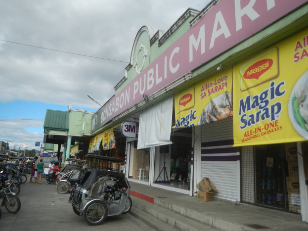 Eine belebte Stadtstraße mit parkenden Fahrzeugen, Fußgängern, Gebäuden, Strommasten, Bäumen und einem bewölkten Himmel, mit einem Geschäft mit einer Tafel, auf der "Bongabon Public Market" steht.