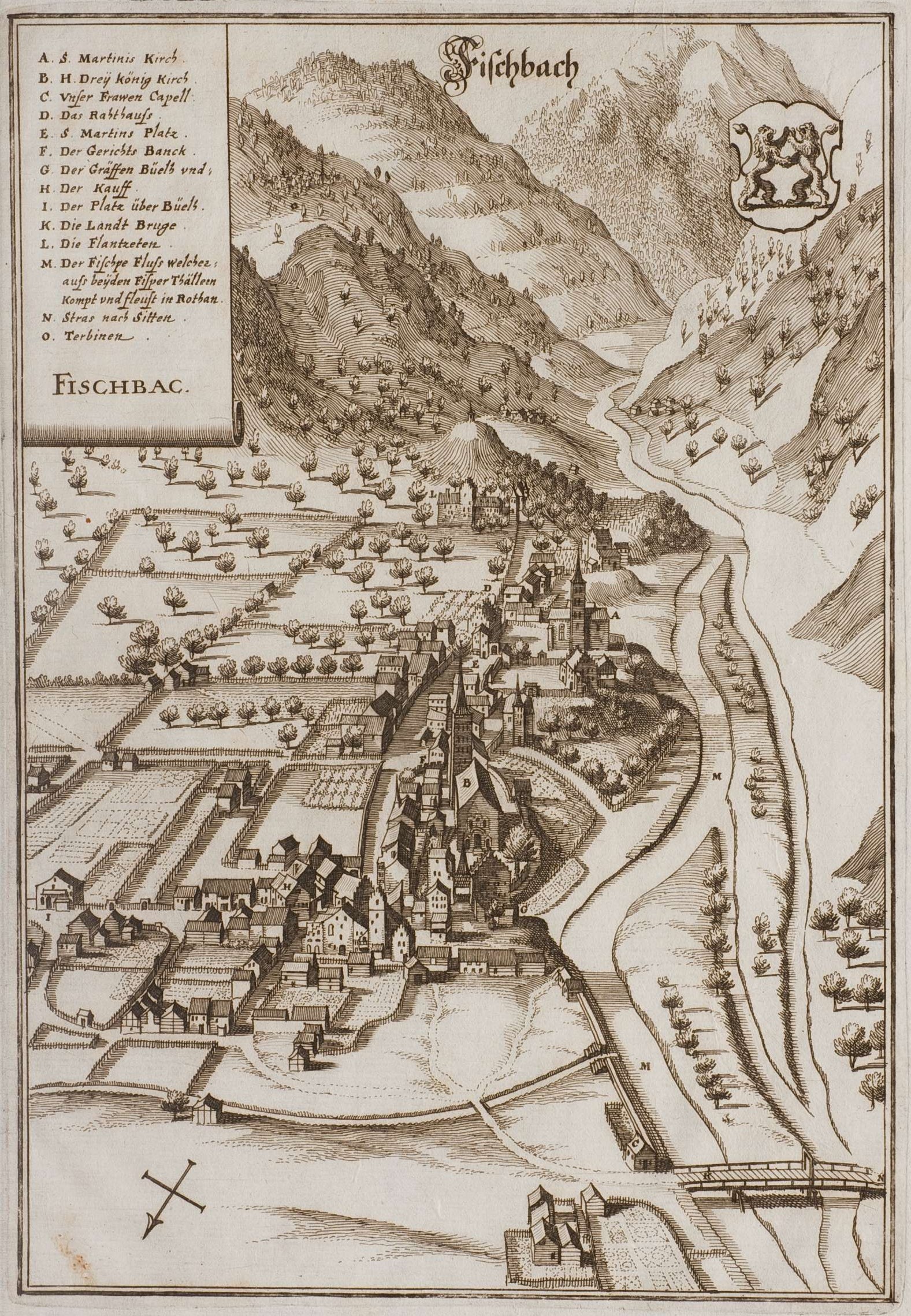 Ein altes Fischbach-Karte von Deutschland, das Häuser, Bäume, Hügel, einen gewundenen Fluss, Text und ein Logo zeigt.