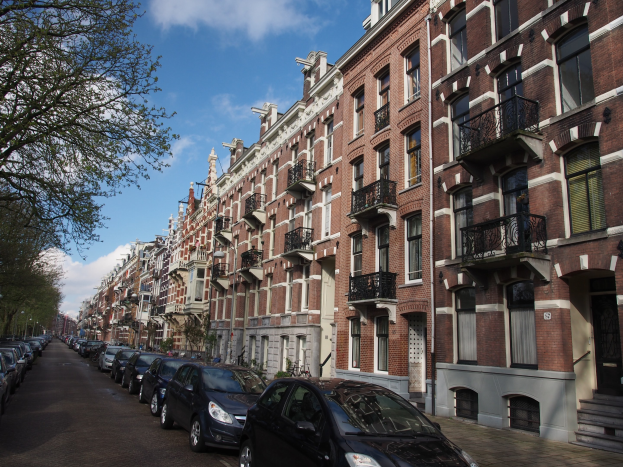 Eine Reihe von parkenden Autos entlang einer Baumreihe in Amsterdam, mit Fenstern, Geländern und Treppen in den Gebäuden im Hintergrund unter einem bewölkten Himmel.