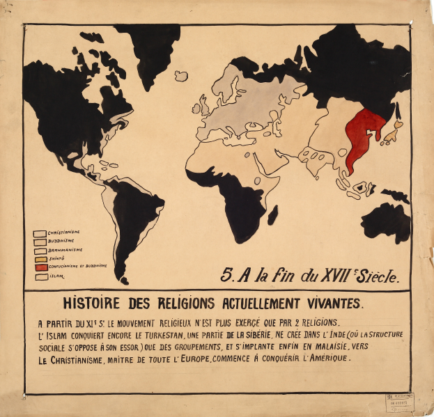 Eine Weltkarte, die die Verbreitung verschiedener Religionen im 19. Jahrhundert darstellt, mit begleitendem Text, der weitere Informationen bietet.
