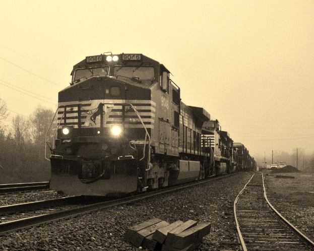 Ein Zug auf Schienen mit Autos, Strommasten, Bäumen und dem Himmel im Hintergrund.