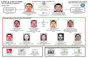 Ein Plakat mit Fotos von Menschen und Logos, mit dem Text "CNG & Los Cunis Drogenhandelsorganisation", wahrscheinlich informiert über die Mission der Organisation, Betroffene des Drogenhandels zu unterstützen.