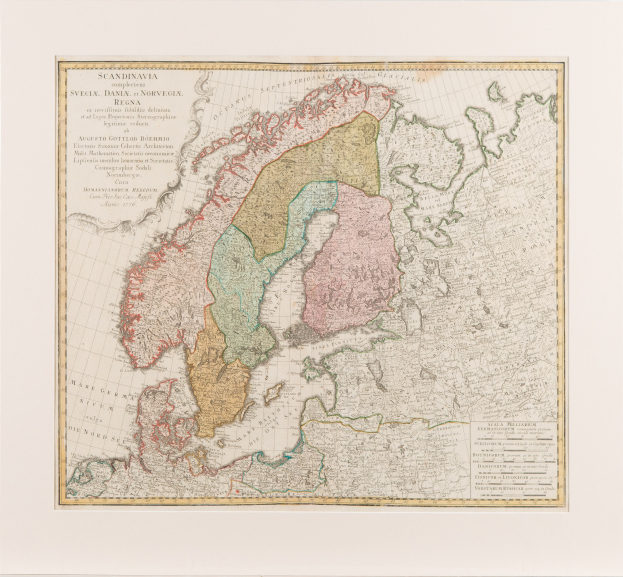 Klassisch gerahmte Landkarte von Skandinavien, die Schweden, Dänemark und Norwegen hervorhebt, mit sichtbaren Provinzen.