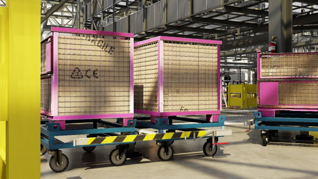 Großer Lagerraum mit gestapelten Kisten auf Wagen, eine gelbe Säule links, ein Feuerlöscher rechts, Metallstangen im Hintergrund und sichtbarer Boden.