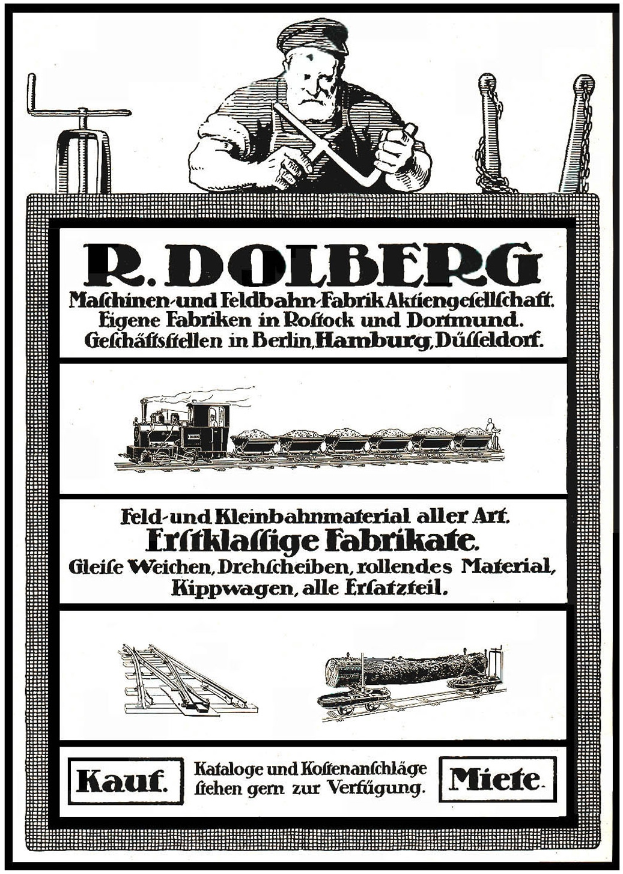 Eine Werbung für die Fabrik von R.D. Dolberg in Hamburg, Deutschland, mit einem Plakat, einer Person, einem Zug und anderen Gegenständen.