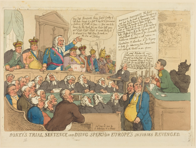 Eine Karikatur einer Gerichtsszene mit einer Gruppe von Menschen, die auf einer Bank sitzen und ein Mann in der Mitte steht, ein Tisch mit Gegenständen auf der rechten Seite und ein Text unten, der "Boney's Trial, Sentence, and Dying Speech Europe's Injuries Revenged" lautet.