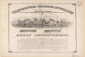 Ein altes Buch mit einer Zeichnung von Menschen beim Angeln, einige halten Ruten und andere sind auf einem Boot, begleitet von beschreibendem Text.