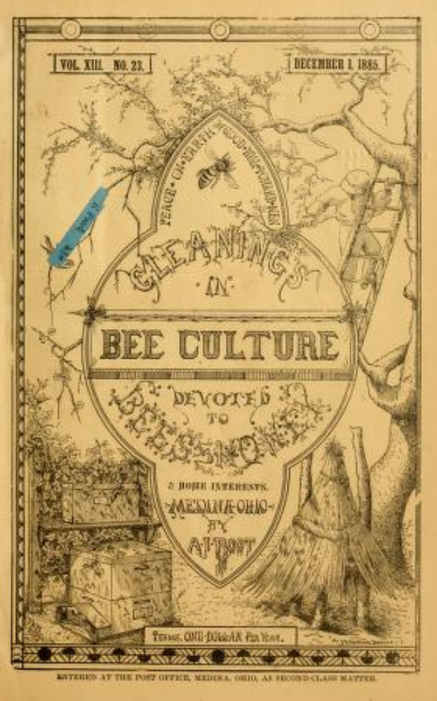 Ein altes Buch mit einer Zeichnung einer Biene, umgeben von Bäumen, einer Leiter und anderen Gegenständen, mit der Aufschrift "Reinigung in der Bienenwirtschaft" auf dem Cover.