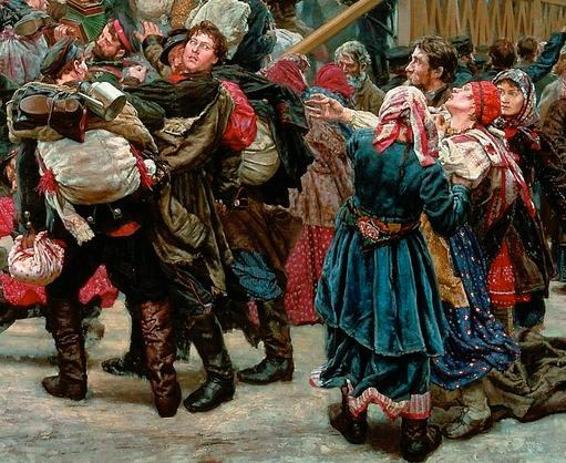 Gemälde, das eine lebhafte Szene von Menschen zeigt, die in traditioneller russischer Kleidung während der russischen Revolution tanzen, mit einigen Gegenständen in der Hand, vor einem Holzhaus und einer Menge.