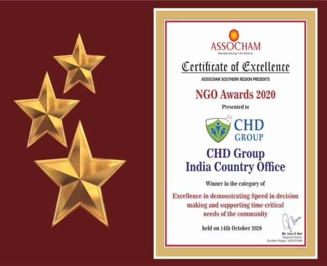Auszeichnung für excellence für die NGO Awards 2020 an CHD Group India Country Office verliehen, mit einem Schild-Logo mit einem zentralen Stern und einem Lorbeerkranz.