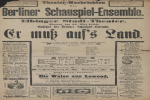 Eine alte Zeitungsanzeige aus dem Jahr 1866 für das Berliner Schauspiel-Ensemble, die einen Mann in Anzug und Krawatte zeigt, mit beschreibendem Text zum Ereignis.