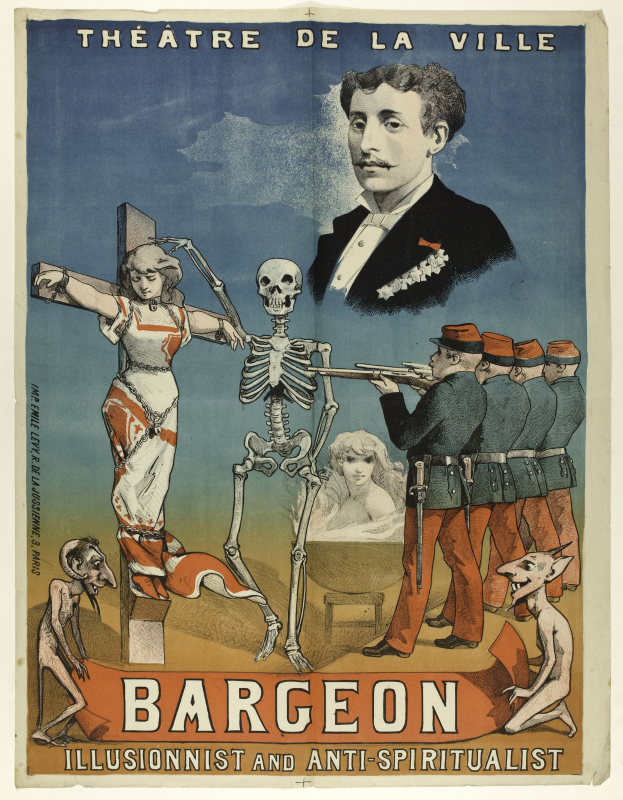 Plakat für das Théâtre de la Ville in Paris mit einem Skelett mit ausgestreckten Armen, einer aufgeregten Gruppe von Menschen und fetter Schrift, die "Bargeon Illusionist und Anti-Spiritualist" lautet.