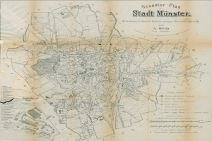 Detailierte alte Karte von Stadt Münster, Deutschland, zeigt Straßen, Gebäude und Sehenswürdigkeiten mit Textanmerkungen.