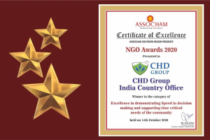 Auszeichnung 'Exzellenz-Zertifikat' für die NGO Awards 2020 an Chd Group India Country Office verliehen, mit drei Sternen links und einem Schild-Logo mit einem zentralen Stern und einem Lorbeerkranz rechts.