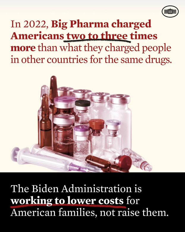 Plakat, das zeigt, dass Big Pharma 2022 Amerikanerinnen und Amerikanern für dieselben Medikamente zwei bis drei Mal so viel berechnet hat wie in anderen Ländern, mit Bildern von Medikamentenflaschen und einer Spritze.