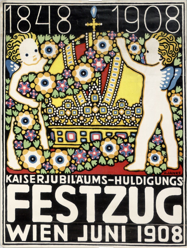 Ein Plakat, das ein Festival in Wien, Österreich, bewirbt und ein Gemälde von einem Jungen und einem Mädchen zeigt, die Arm in Arm stehen, mit Texten, die Informationen zum Festival enthalten.
