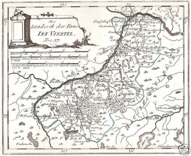 Ein detailliertes Plakat mit einer Karte des Rheins in Deutschland, das seinen gewundenen Verlauf durch die Region zeigt, mit beschrifteten Sehenswürdigkeiten, Städten und geografischen Merkmalen, begleitet von Text und einem Bild einer Säule.