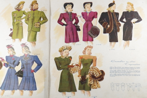 Ein Buchumschlag mit einer Zeichnung einer Frau in einem 1940er-Kleid und Hut, umgeben von Bildern anderer Frauen in ähnlicher Kleidung, mit der Aufschrift 'Fashion aus den 1940ern'.