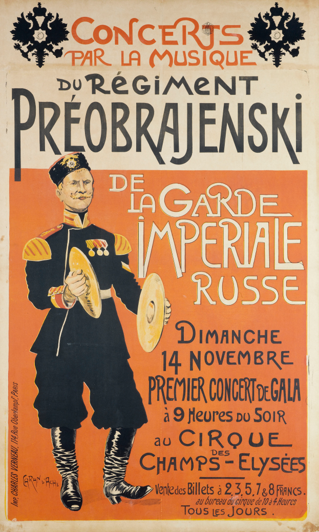 Ein Plakat, das ein Konzert für den Kaiser von Russland ankündigt, zeigt einen Mann in der Mitte mit einem Musikinstrument und Text mit Veranstaltungshinweisen.