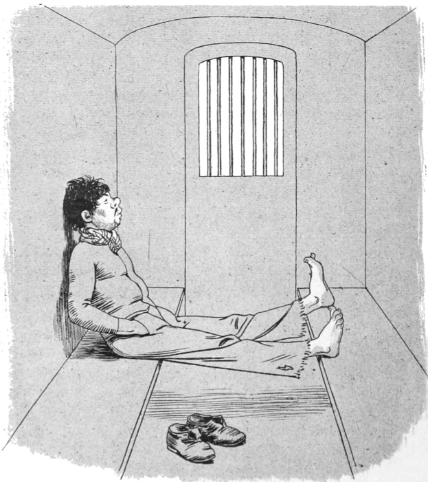 Schwarz-weißes Bild eines Mannes, der auf dem Boden einer Zelle sitzt, mit einem Paar Schuhen daneben und Text unten.