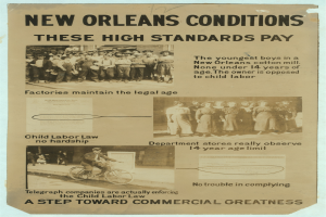 Ein Plakat mit Text und Bildern von Menschen, einer auf einem Fahrrad sitzend, mit der Aufschrift "New Orleans Bedingungen: Diese hohen Standards zahlen sich aus."
