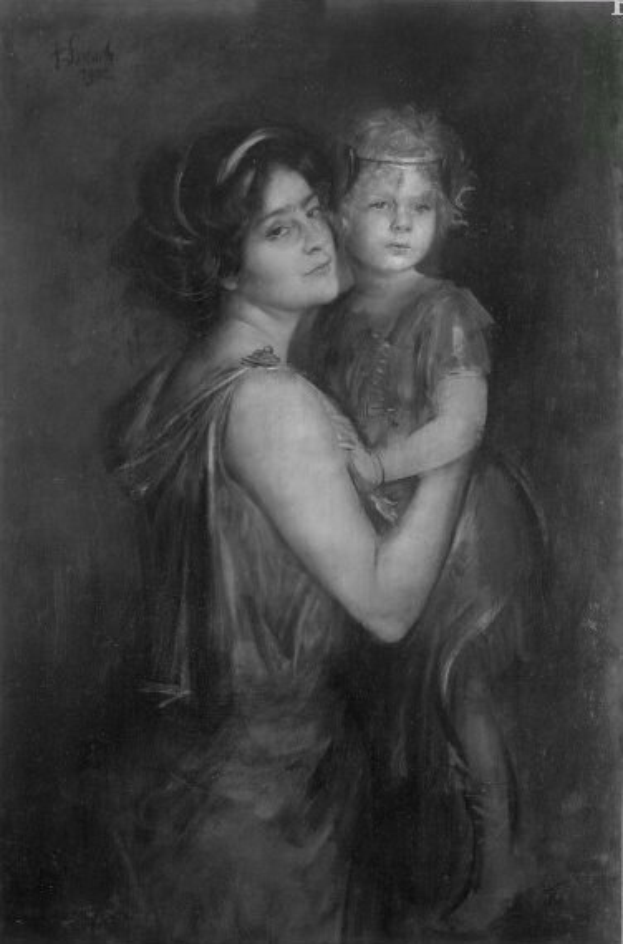 Schwarzes und weißes Porträt einer Frau mit einem Kind auf dem Arm, mit dem Text "Mutter und Kind" unten.