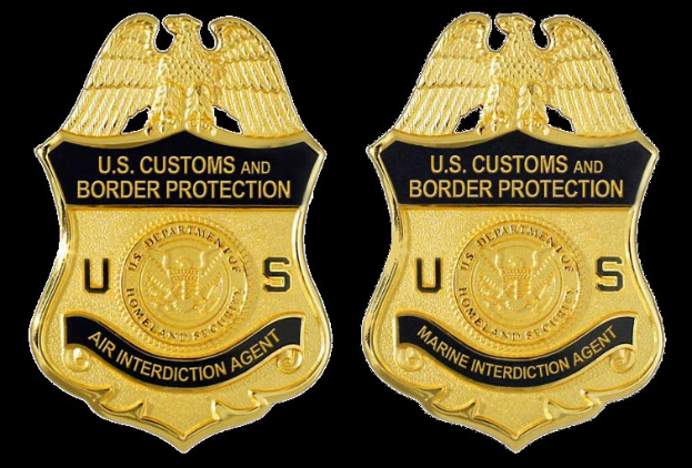 Zwei goldfarbene Abzeichen mit der Aufschrift "U.S. Customs and Border Protection" auf weißem Hintergrund.