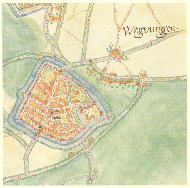 Ein detaillierter Stadtplan von Wageningen, Deutschland, mit Straßen, Gebäuden und Sehenswürdigkeiten sowie zusätzlichen Informationen im Text.