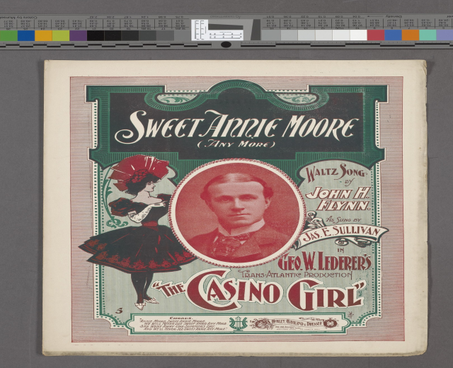 Plakat für das Stück 'Sweet Annie Moore und die Casino Girl' mit zwei Schauspielern, mit fetter Titeltext auf einem hellgelben Hintergrund.