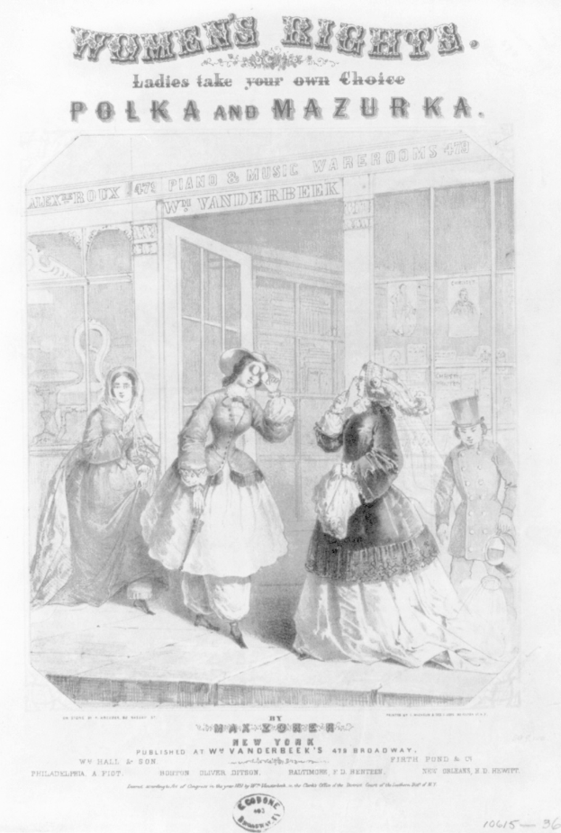 Schwarze und weiße Illustration von drei Frauen vor einem Gebäude mit der Aufschrift "Frauenrechte: Ladies Take Your Own Choice, Polka und Mazurka" oben und unten.