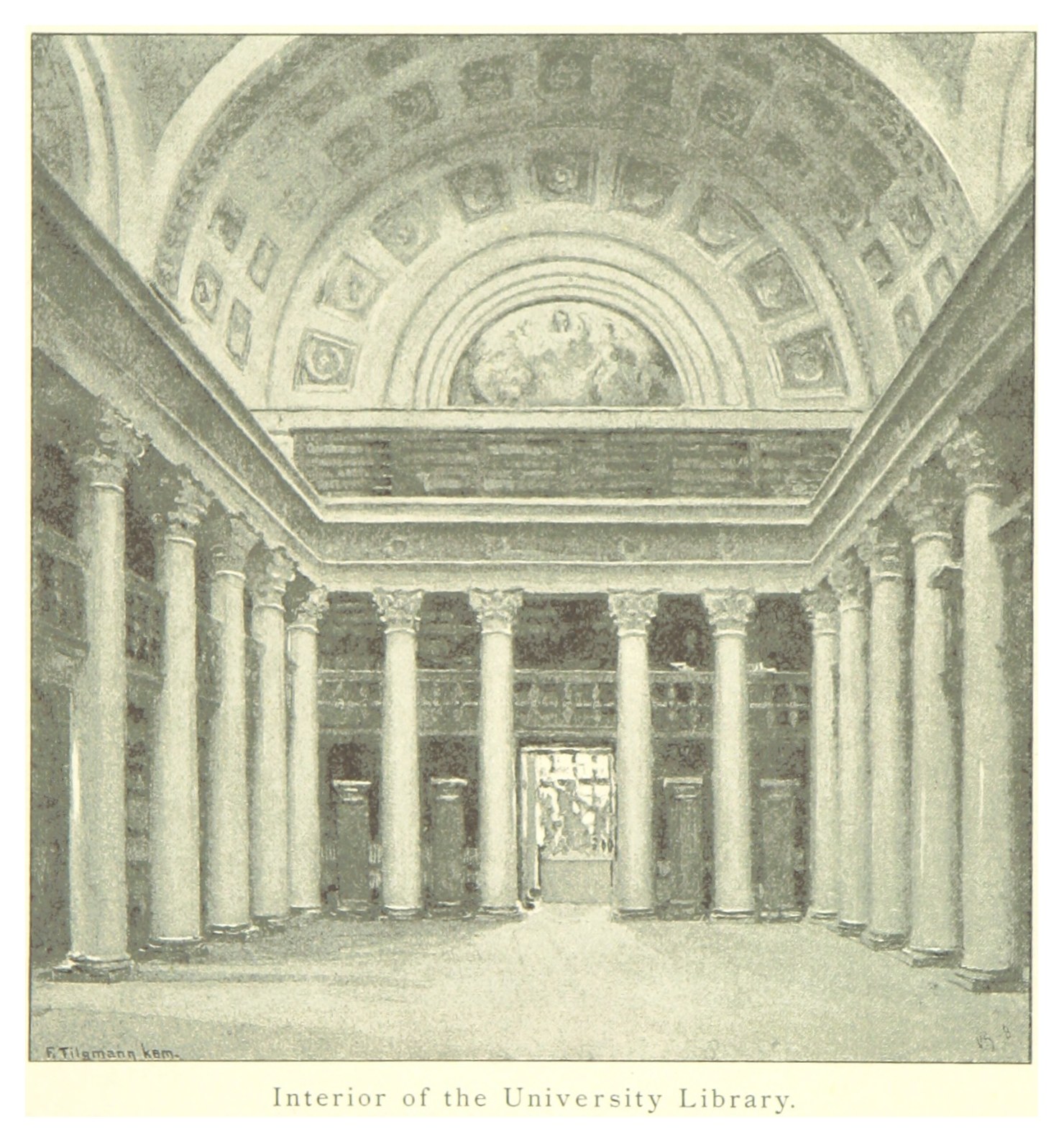 Innenansicht einer prächtigen Universitätsbibliothek mit hohen Säulen und kunstvollen Deckenentwürfen, mit Text am unteren Rand, der das Ästhetische unterstreicht.