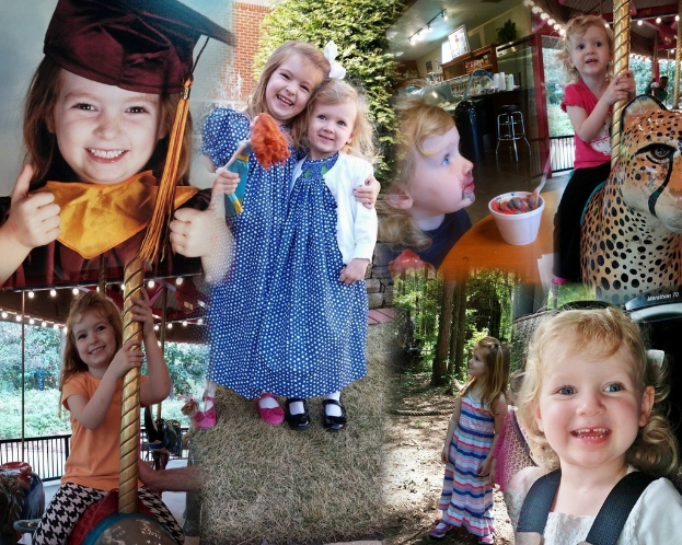 Ein Collage-Bild mit Vergnügungsparkautos, einem Tisch mit Speisen, darunter ein Becher und ein Löffel, verschiedenen Gegenständen, Lichtern, einer Wand, Büschen, Bäumen, Gras, einem Seil und einem Hut.