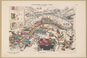 Schwarze-Weiß-Illustration einer vollen Bahnstation im Jahr 1900, eingerahmt von einem Fotorand, mit Menschen, die in verschiedene Richtungen blicken.