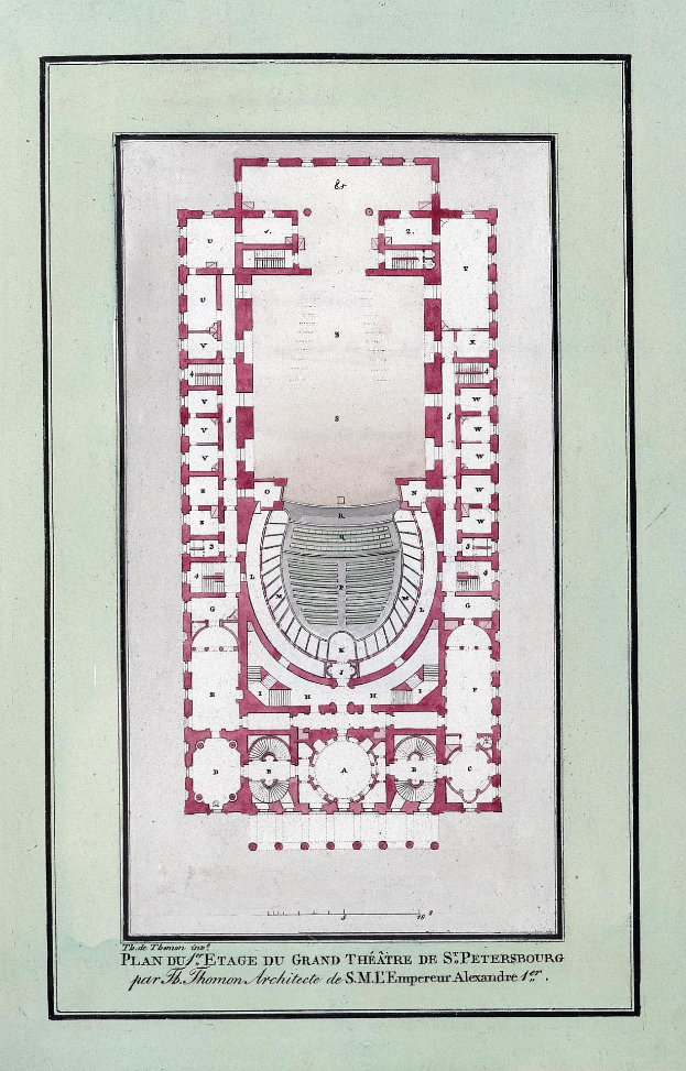 Ein detaillierter Grundrissplan des großen Theaters von St. Petersburg, der mit Text beschriftet ist, der die Raumgrößen, Fenster- und Türpositionen beschreibt.