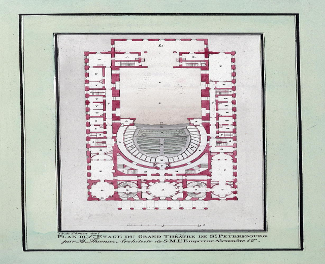 Ein detaillierter Grundrissplan des großen Theaters von St. Petersburg, der mit Text beschriftet ist, der die Raumgrößen, Fenster- und Türpositionen beschreibt.