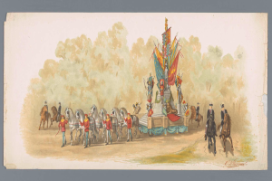 Ein Gemälde eines Karnevalsumzugs mit Menschen in bunten Kostümen, die Pferde vor einem geschmückten Schwimmwagen reiten, vor einem klaren blauen Himmel mit Bäumen im Hintergrund.