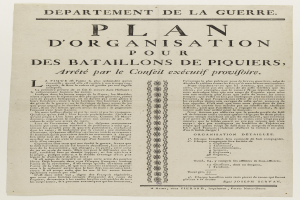 Ein historisches Dokument mit dem Titel "Plan d'Organisation pour des Batailons de Piquiers, Arreté par le Conféil Executif Provifoire", das einen Plan für die Schlacht von Piquier enthält.