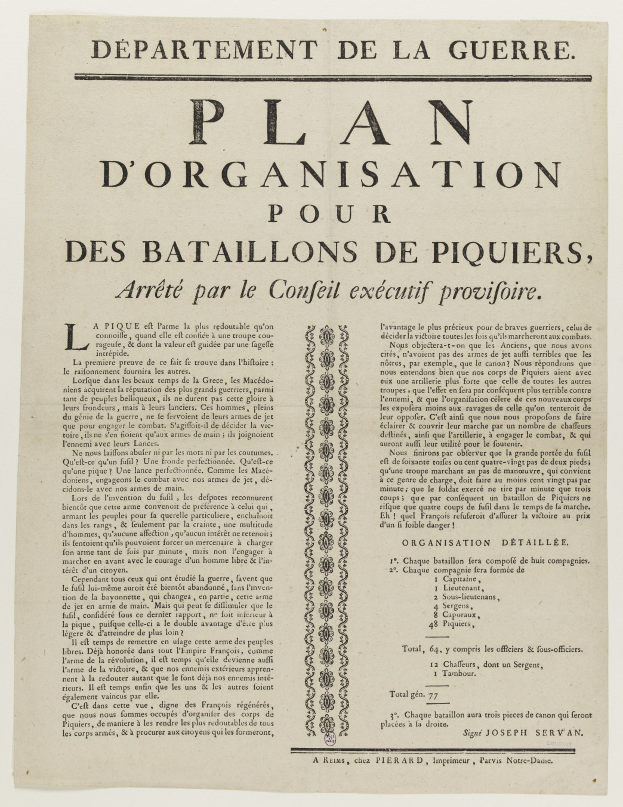Ein historisches Dokument mit dem Titel "Plan d'Organisation pour des Batailons de Piquiers, Arreté par le Conféil Executif Provifoire", das einen Plan für die Schlacht von Piquier enthält.