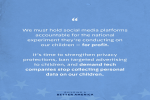 Plakat mit einem Zitat aus Building a Better America, das fordert, dass Social-Media-Plattformen für das Experimentieren an Kindern zur Verantwortung gezogen werden sollten, dekoriert mit Sternen.