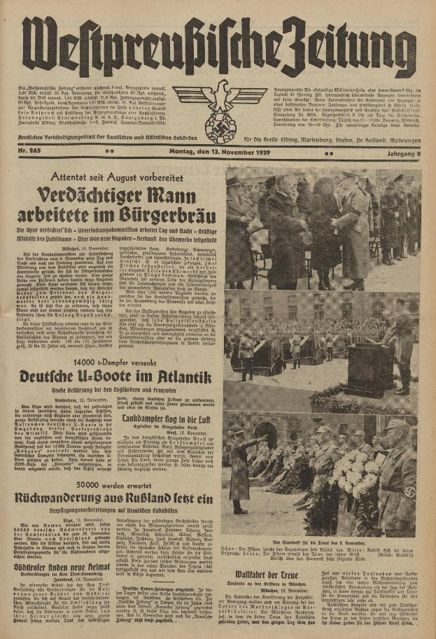 Schwarze Titelseite einer deutschen Zeitung vom 13. November 1939 mit der Überschrift "Weitpreubliche Zeitung", die eine Gruppe von Menschen in traditioneller deutscher Tracht zeigt.