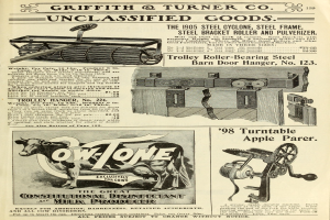 Eine alte Werbung mit einer zentralen Kuh, einer Maschine auf jeder Seite und einem auffälligen Text, der von einem dekorativen Rahmen umgeben ist.