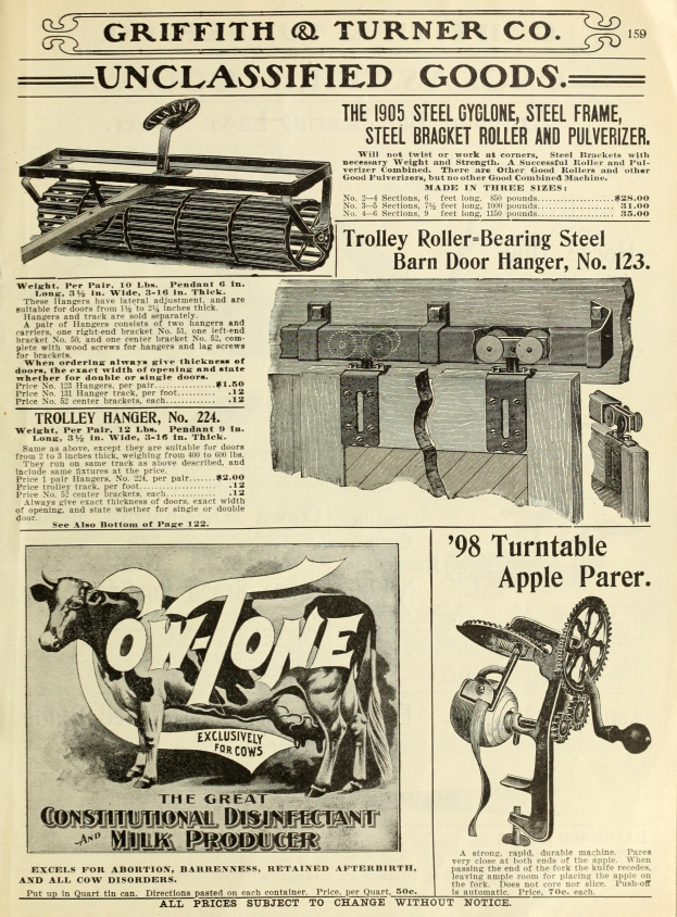 Eine alte Werbung mit einer zentralen Kuh, einer Maschine auf jeder Seite und einem auffälligen Text, der von einem dekorativen Rahmen umgeben ist.