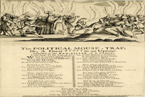 Politischer Cartoon mit dem Titel "Die politische Mausefalle, oder, ein großer Rattenkiller in Aufruhr" zeigt besorgte Menschen in einer chaotischen Szene.